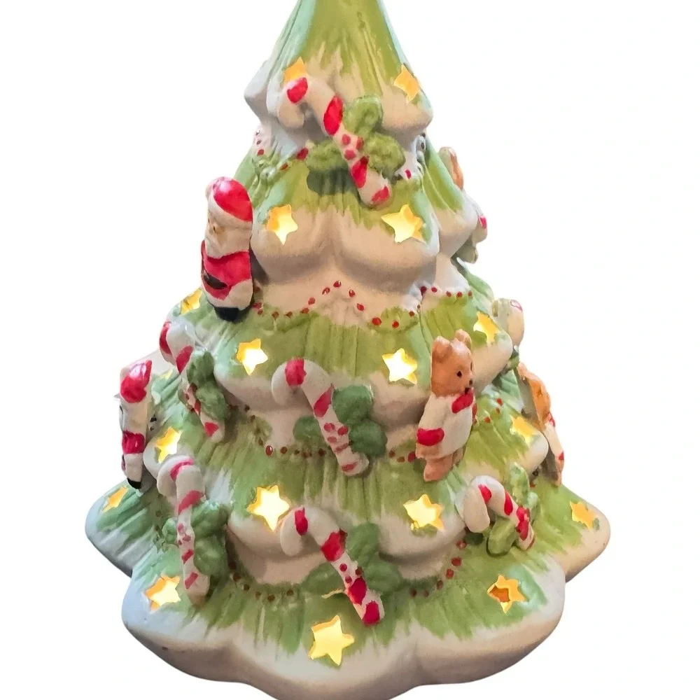 Vintage Ceramic Lighted Christmas Tree Santa Teddy Bear Candy Cane Star Cutouts